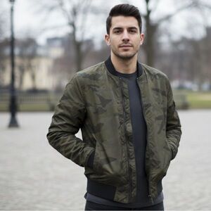 Zara Man Nylon Camo Gorpcore Water Resistant Military Bomber Jacket M